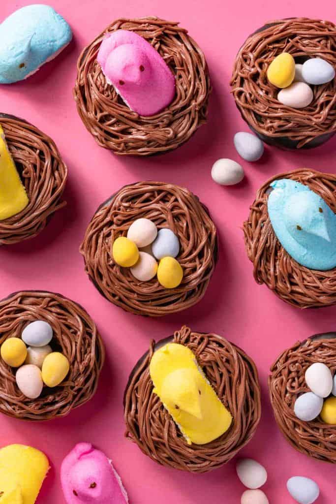easter nest cookies with marshmallow chicks and eggs.