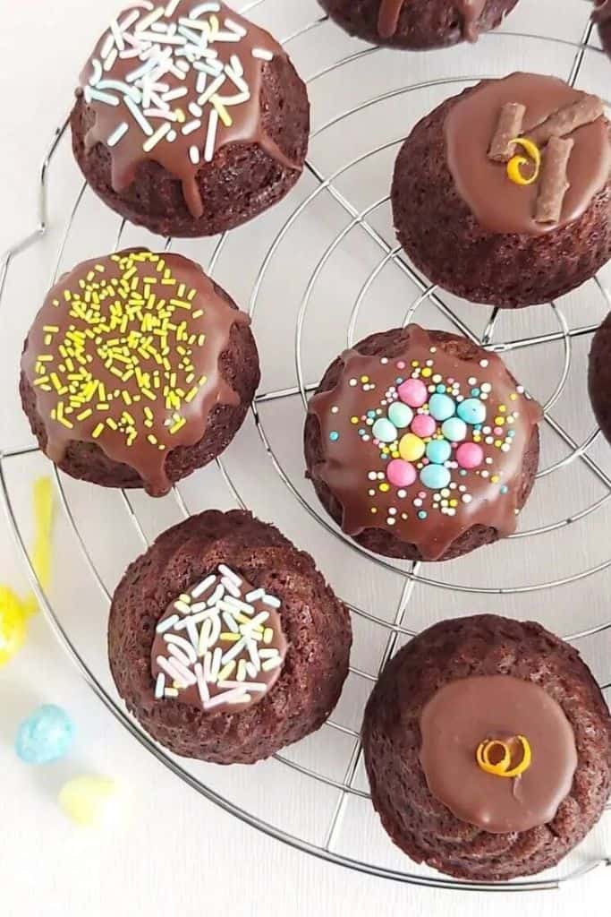 easter surprise mini bundt cakes on rack.