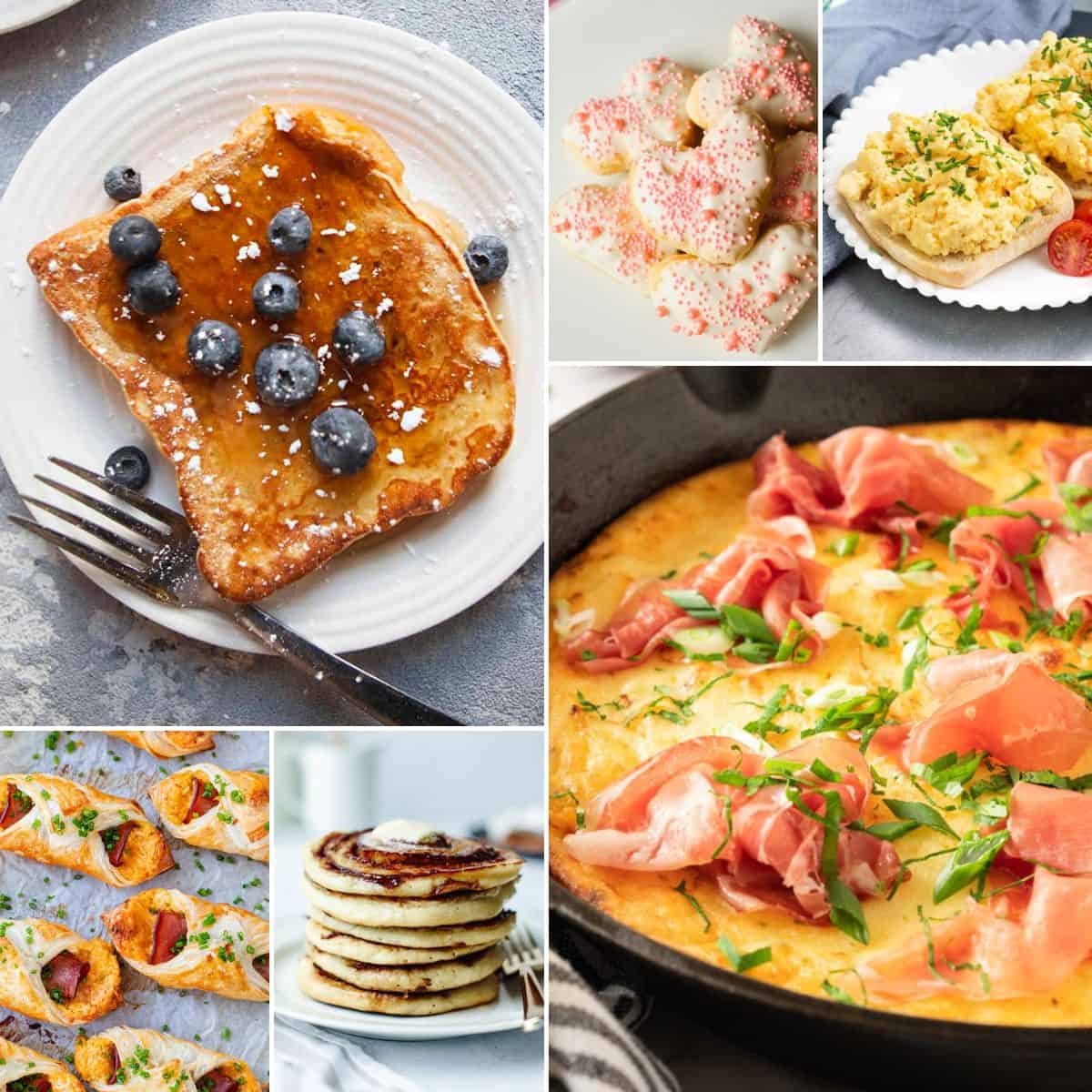 collage of easy mothers day breakfast recipes.