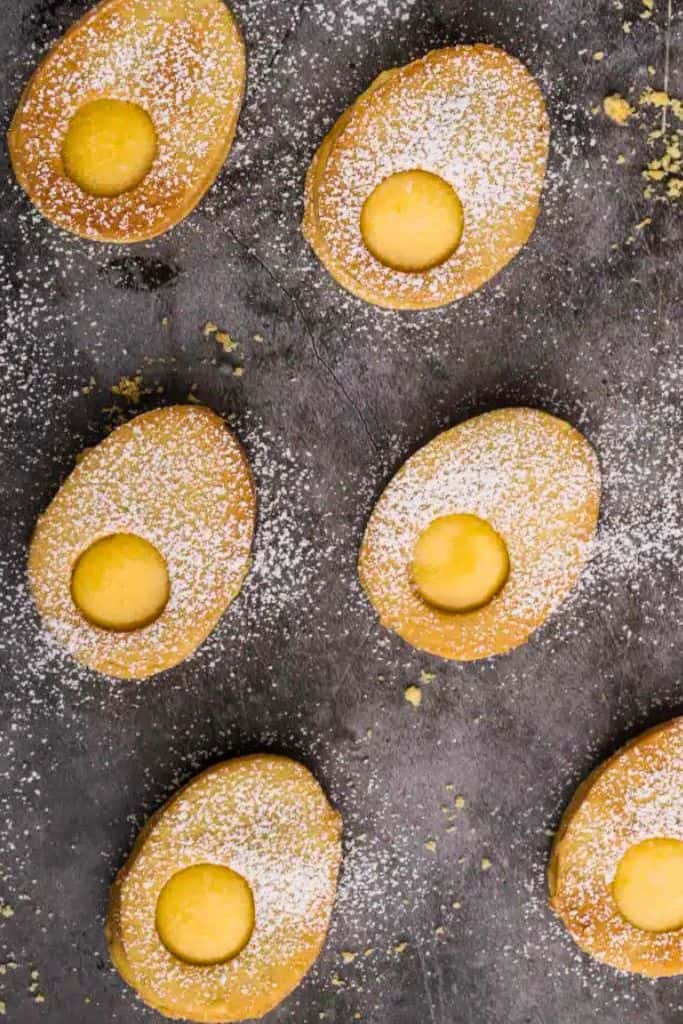 lemon curd sandwich cookies egg shaped.