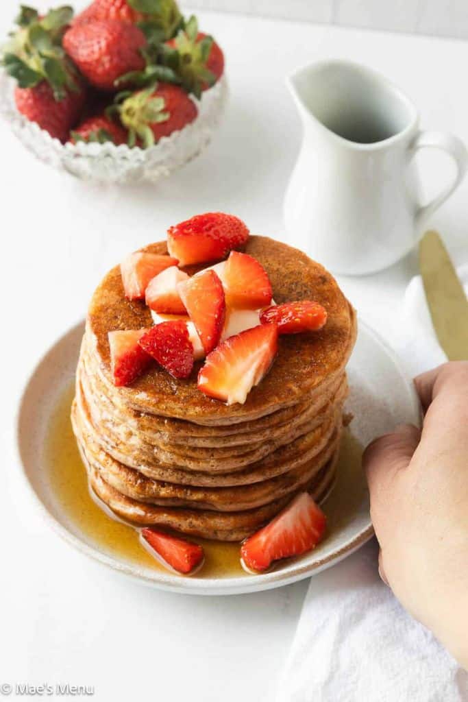 stack of strawberry protein pancakes.