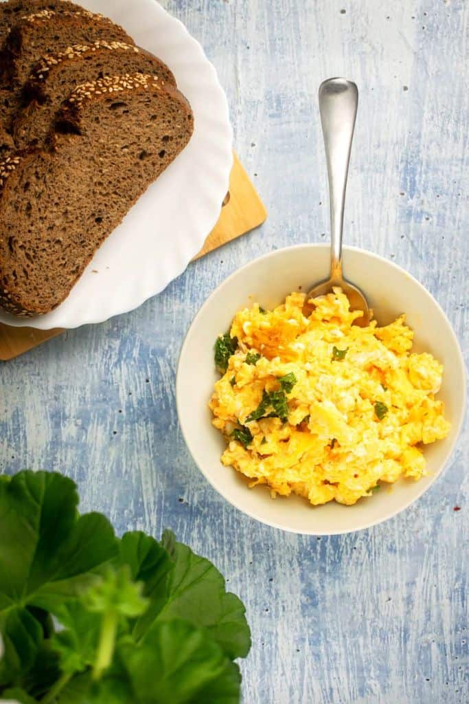 kimchi scrambled eggs in bowl.