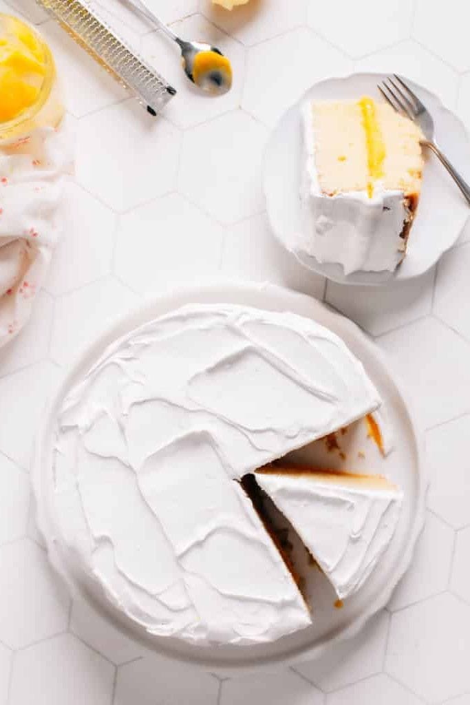 top view of iced lemon curd cake.