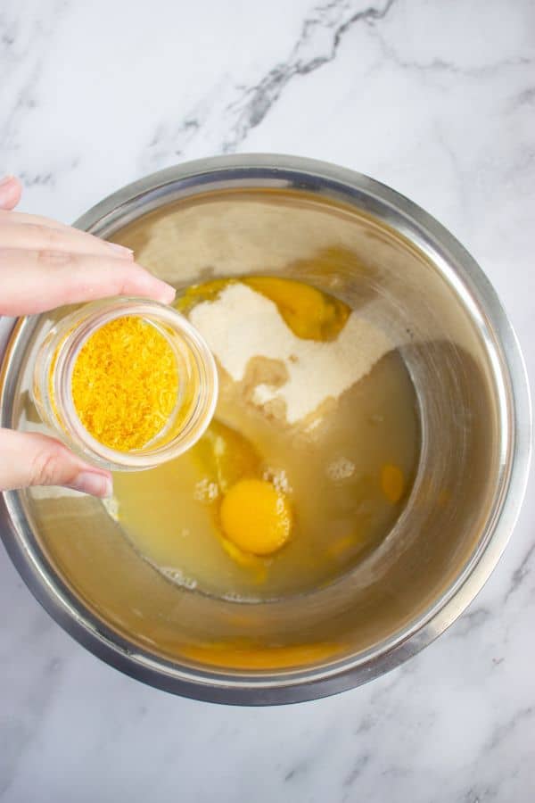 lemon curd ingredients in bowl.