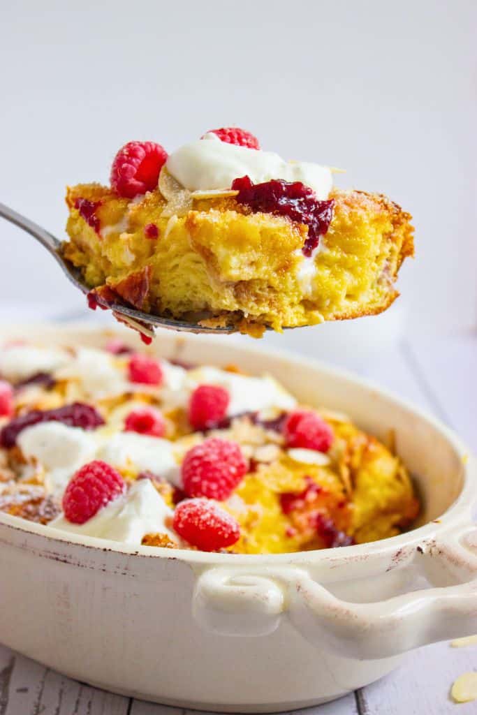 slice of raspberry french toast bake.