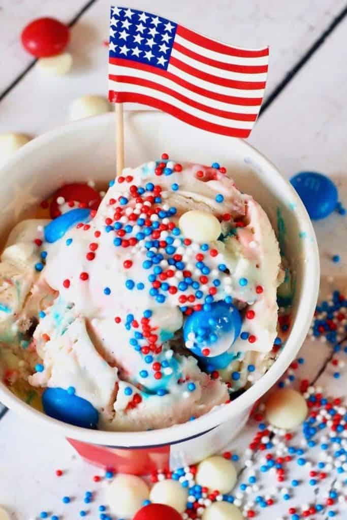 red white and blue ice cream in cup.