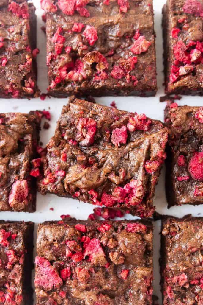 raspberry chocolate brownies sliced.