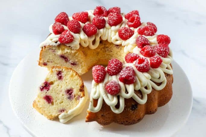 white chocolate raspberry bundt cake.