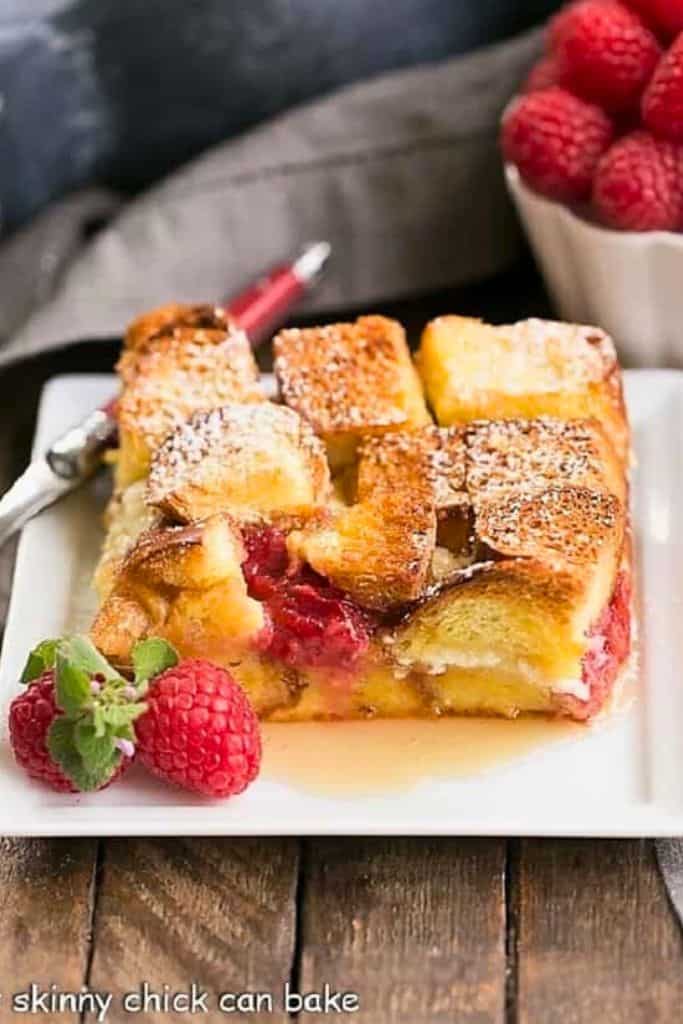 slice of raspberry french toast casserole.