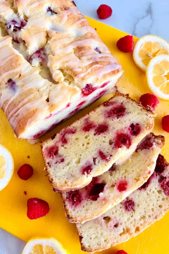 lemon raspberry loaf sliced.