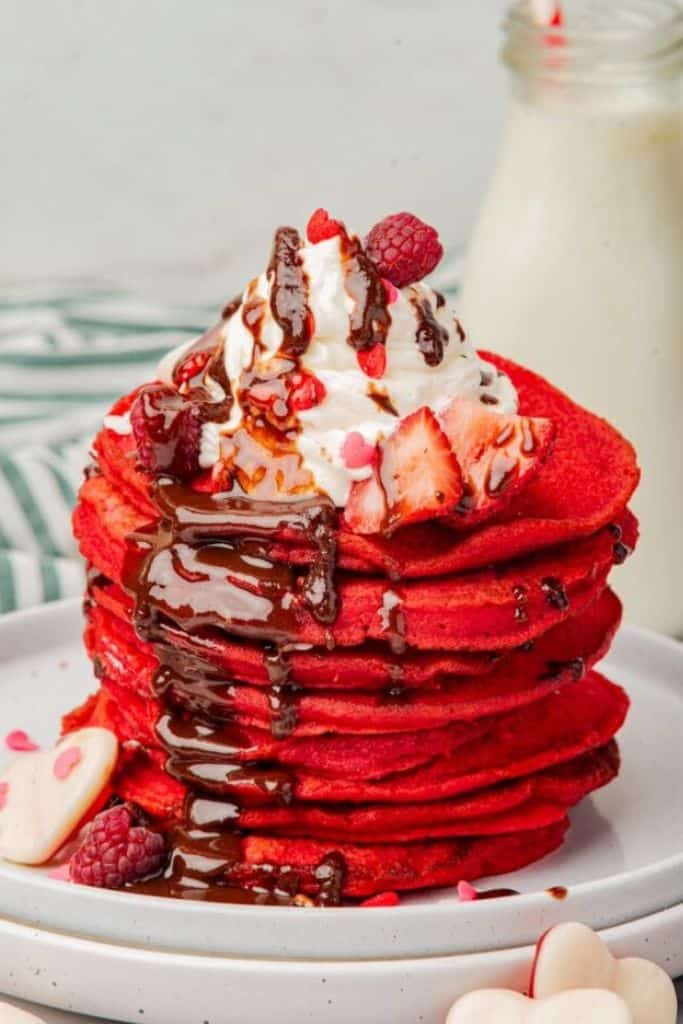 stack of red velvet pancakes.