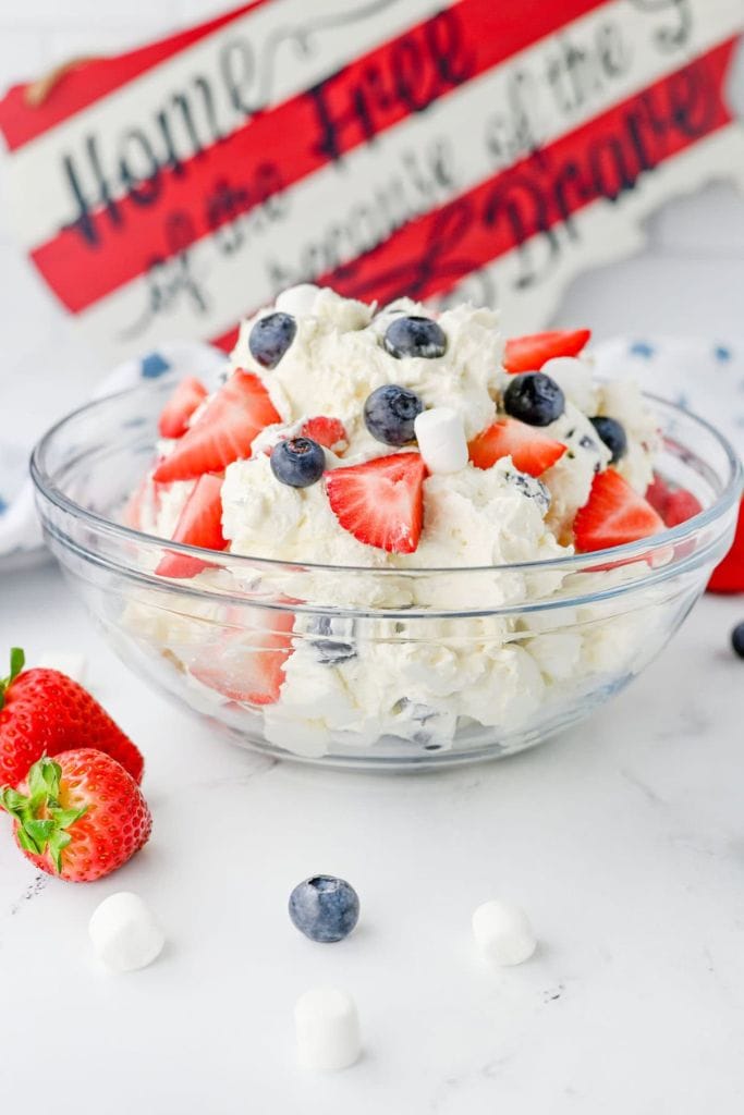 berry cheesecake salad in bowl.