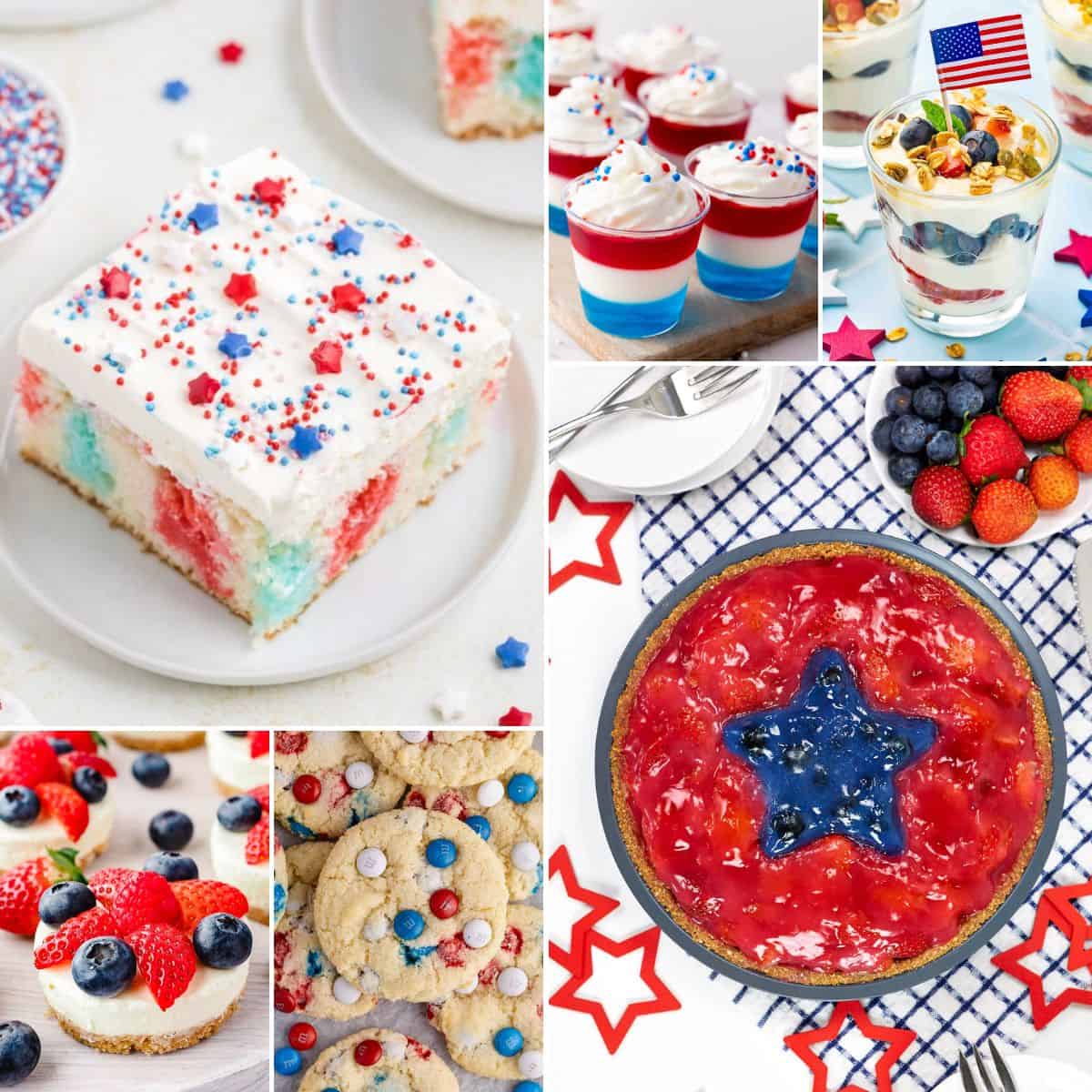collage of red white blue desserts.