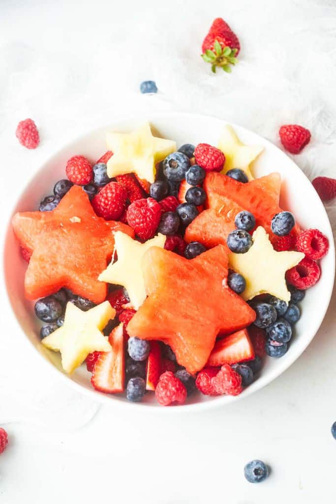 patriotic fruit salad in bowl.