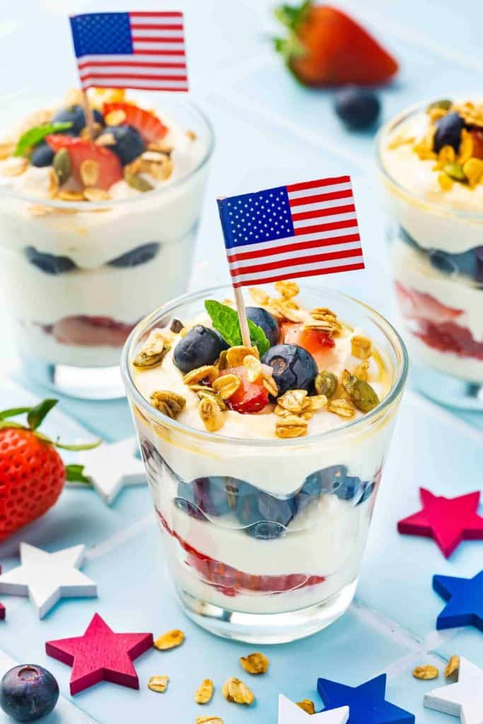 patriotic parfait cups with ricotta and berries.