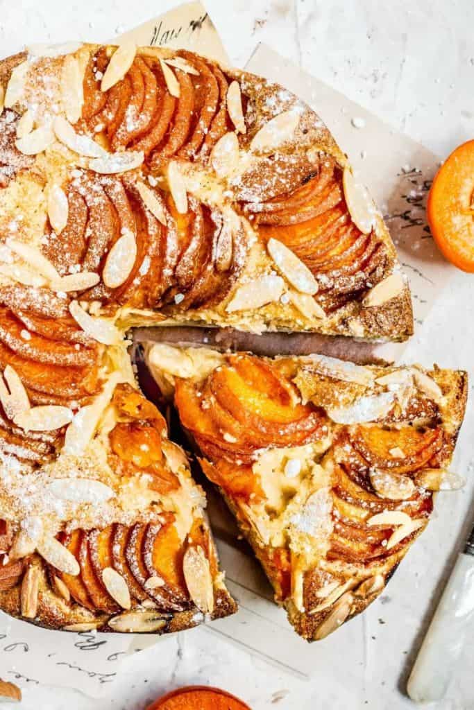 almond apricot cake sliced.