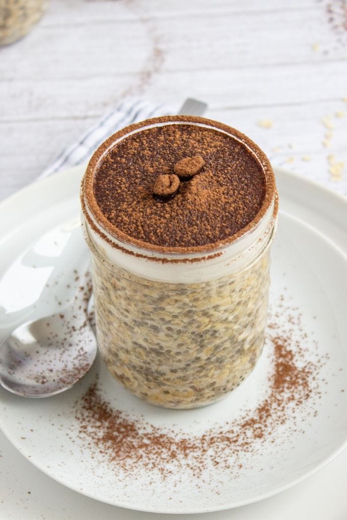tiramisu flavored overnight oats in jar.
