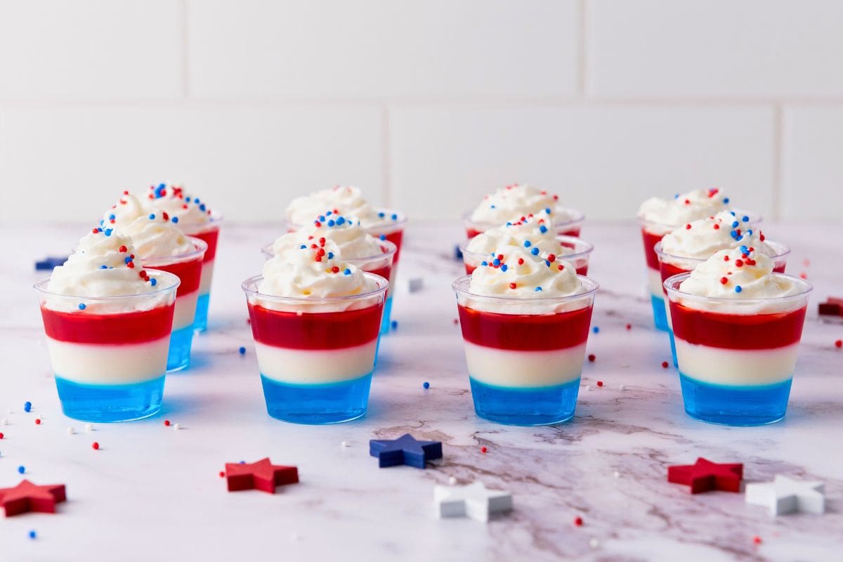 patriotic jello cups lined into rows.