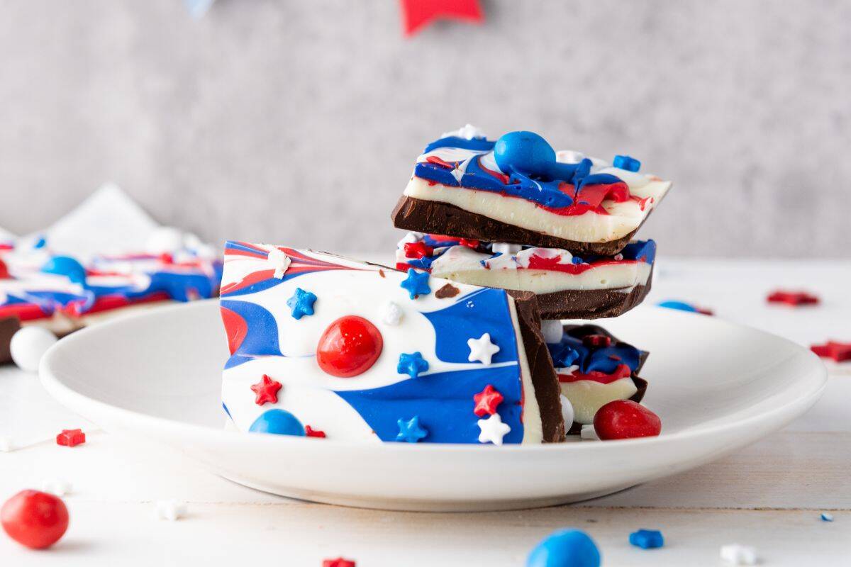 red white and blue chocolate bark stacked.