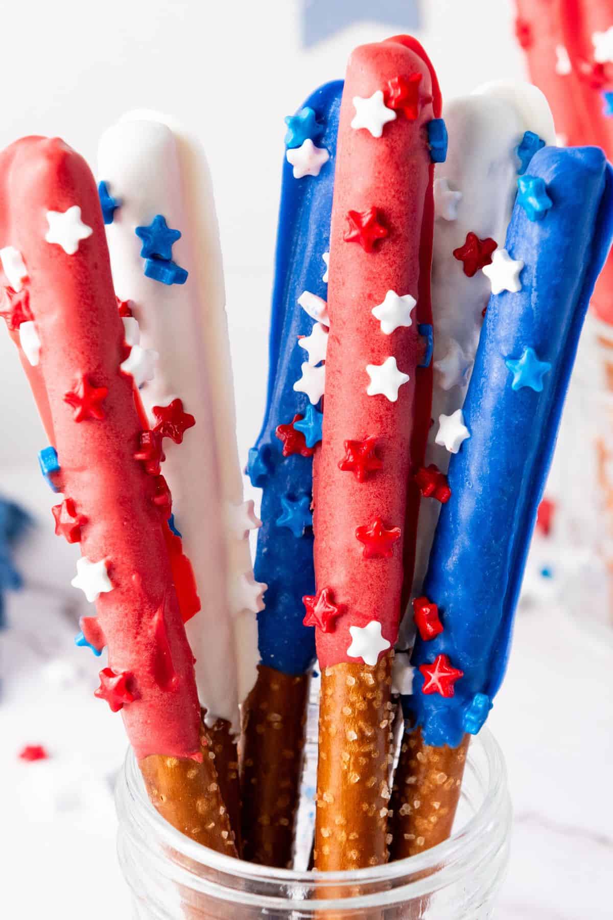 patriotic pretzel rods closeup.