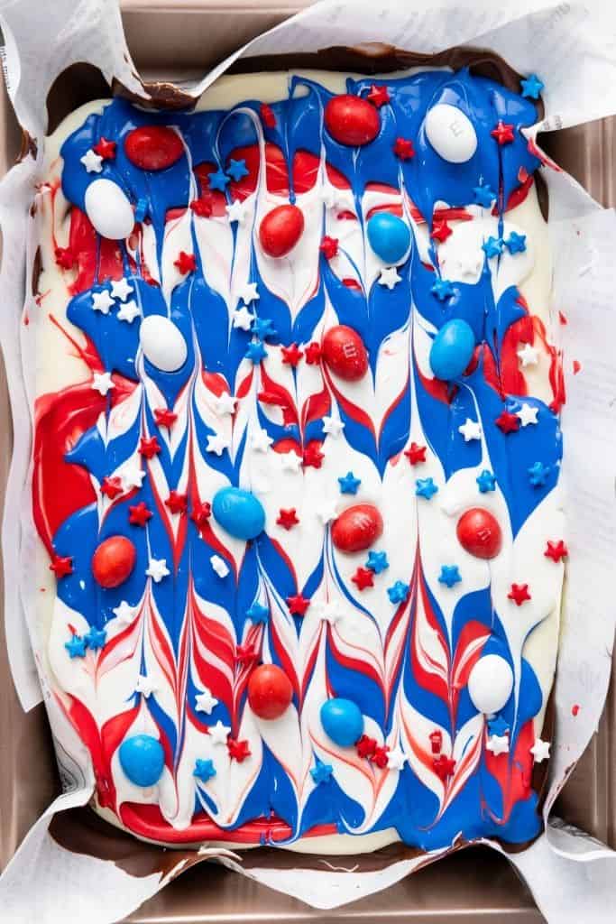 patriotic candy decorated on chocolate bark.