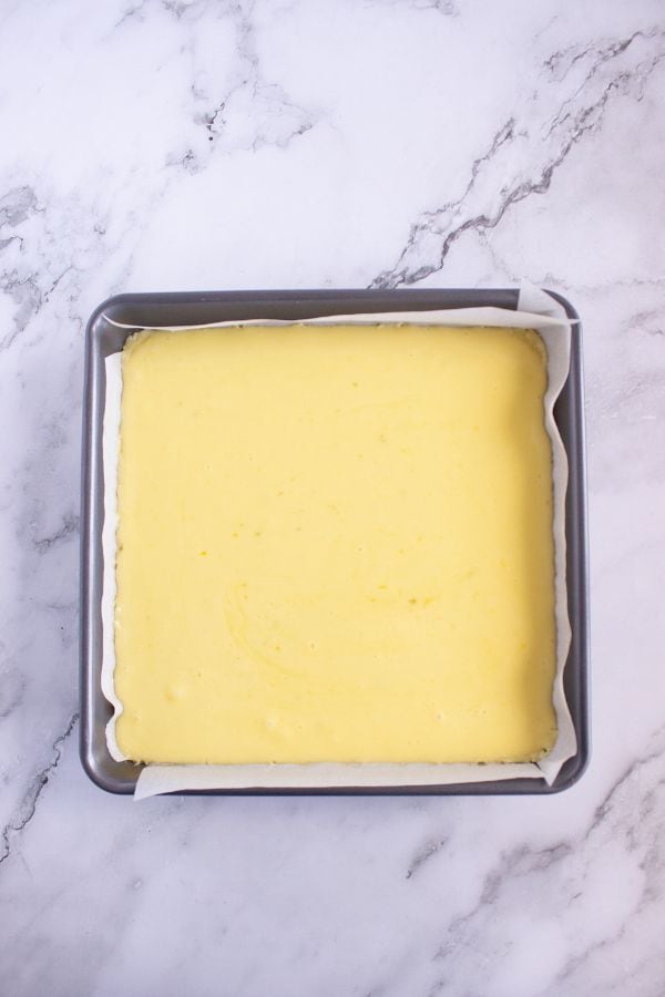 key lime pie bar after baking in pan.