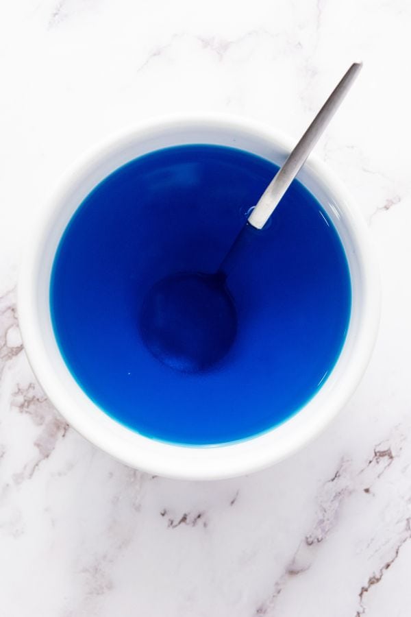 blue jello mixture in bowl.