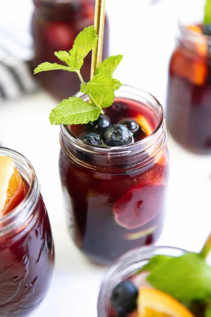 blueberry sangria in glass.
