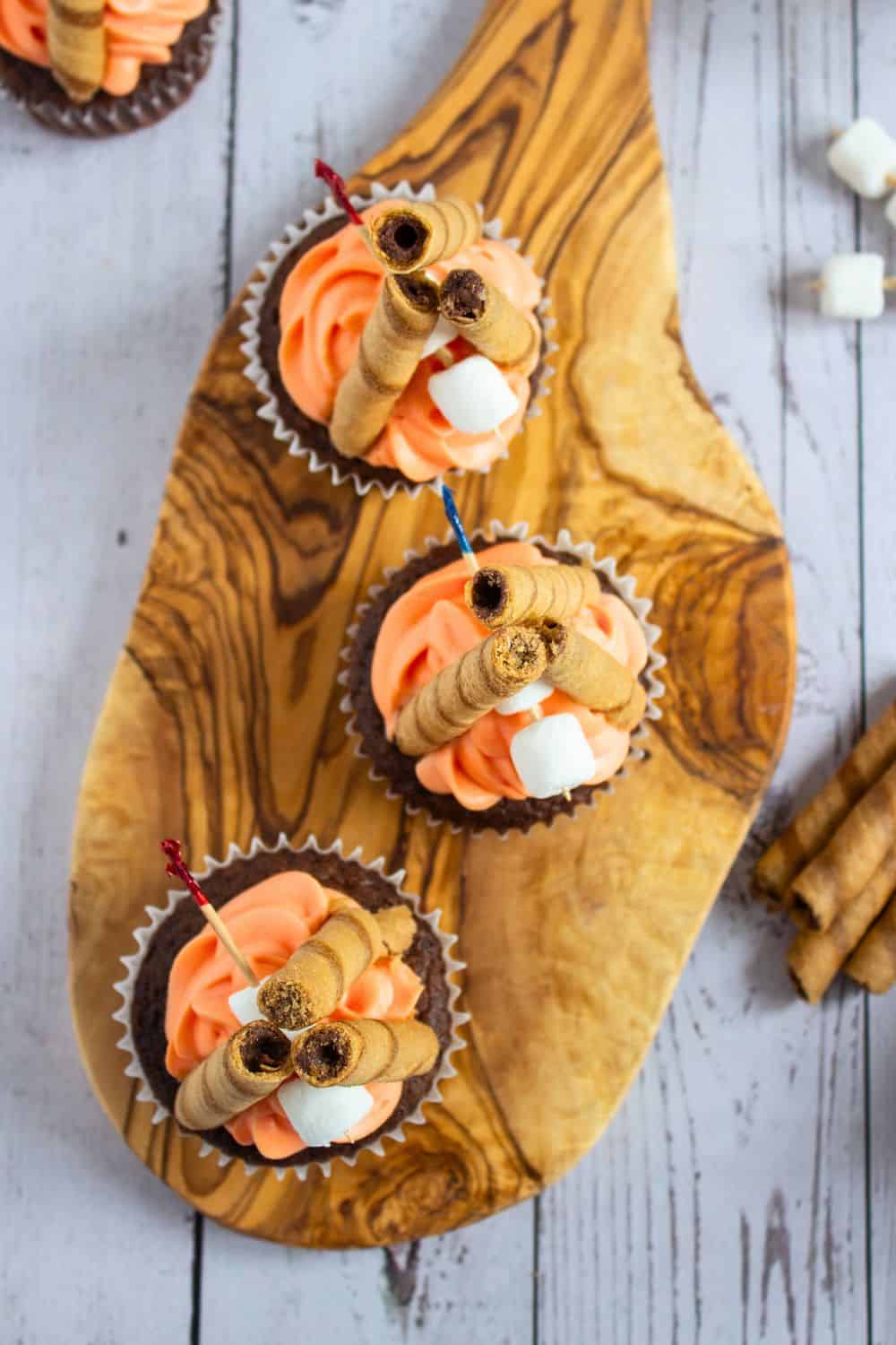 top view of camping decorated cupcakes.