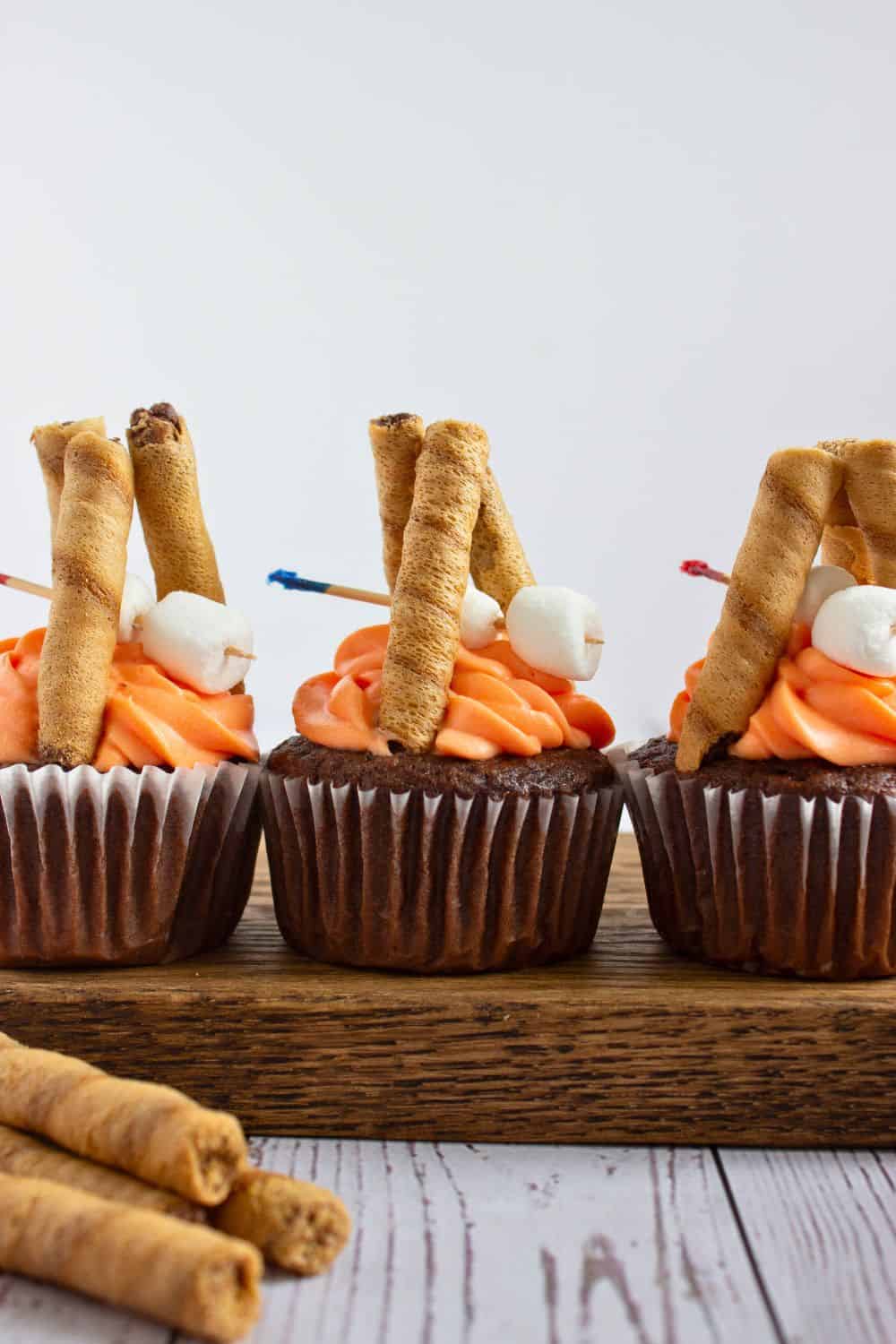 row of camping theme party cupcakes on wooden board.