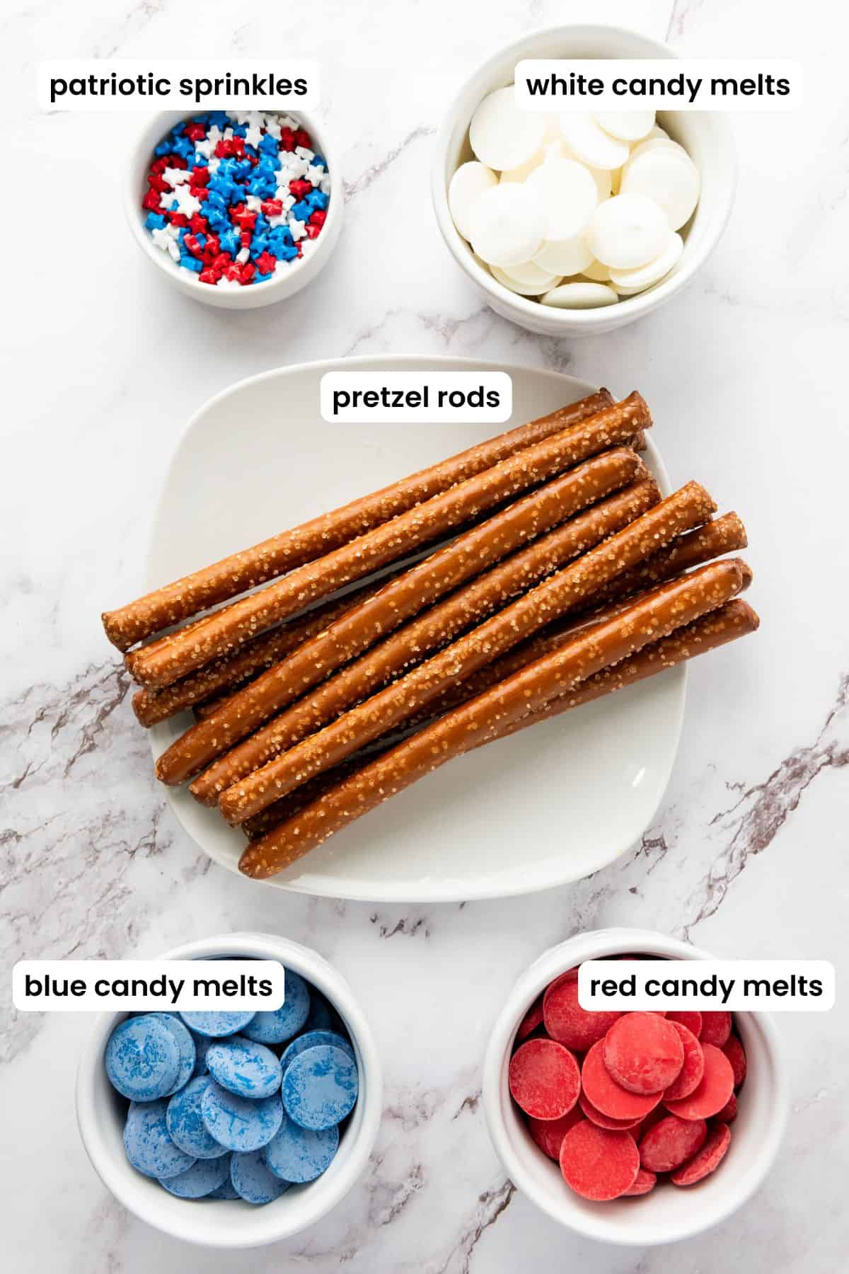red white and blue pretzel rods ingredients labelled.