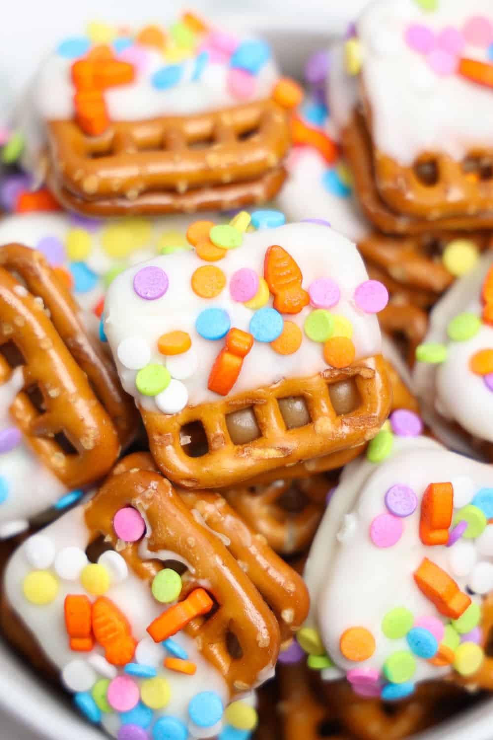 chocolate dipped pretzels closeup.