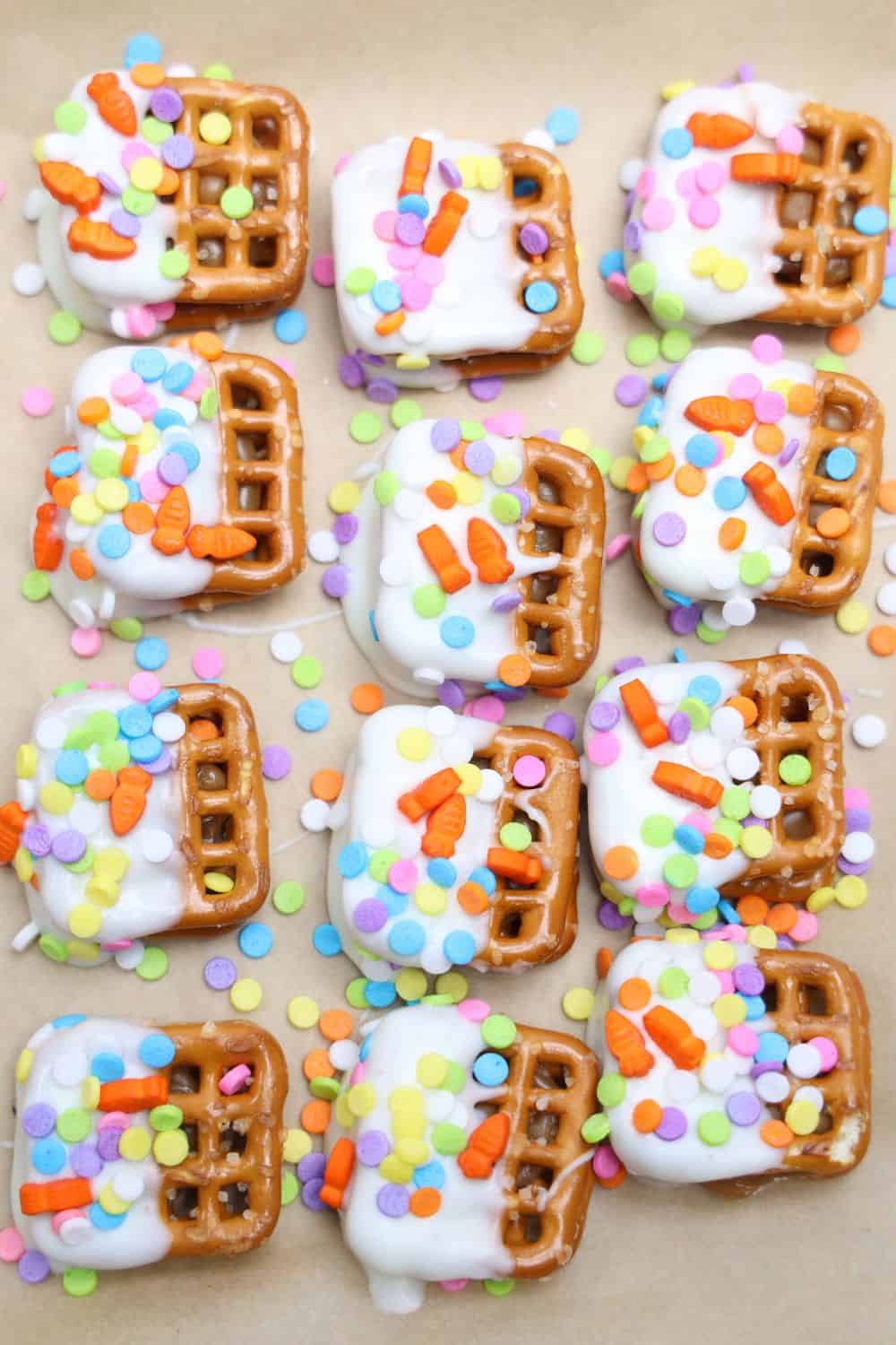 pretzel snap bites dipped in chocolate.