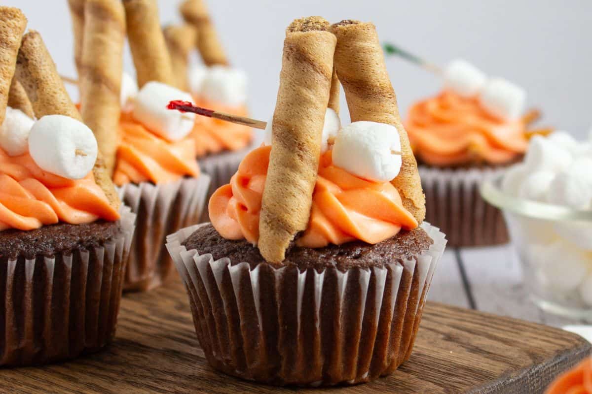 bonfire cupcakes with fire frosting, wafer logs and mini marshmallows.