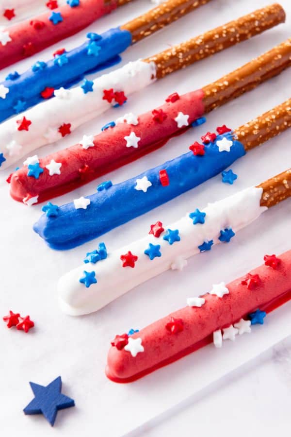 pretzel salty treats with patriotic sprinkles.