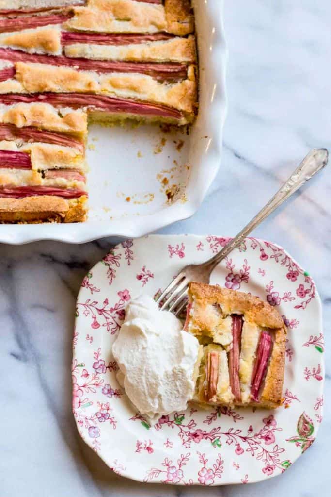 slice of rhubarb cake on plate.