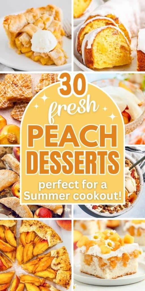 collage of fresh peach desserts.