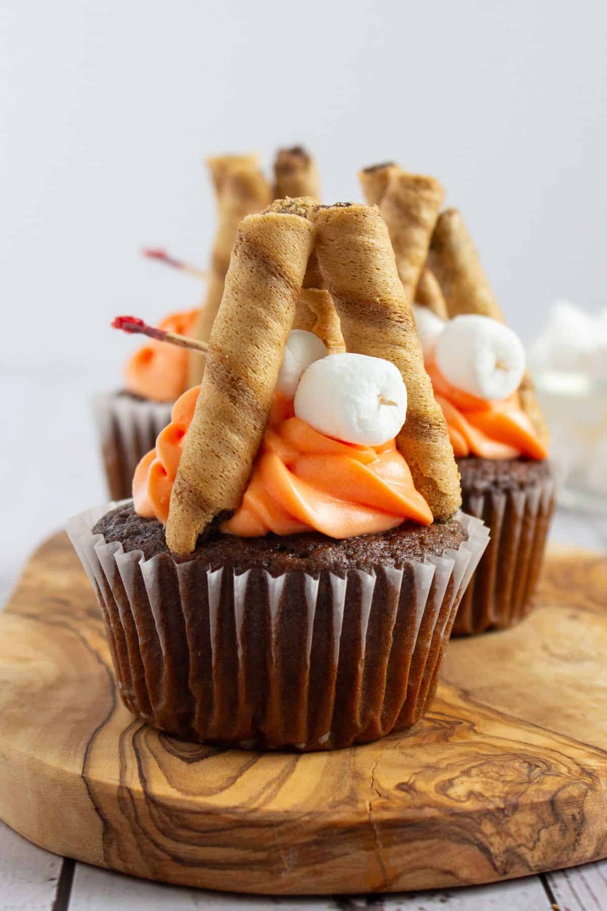 adventure decorated campfire cupcakes on wooden platter.