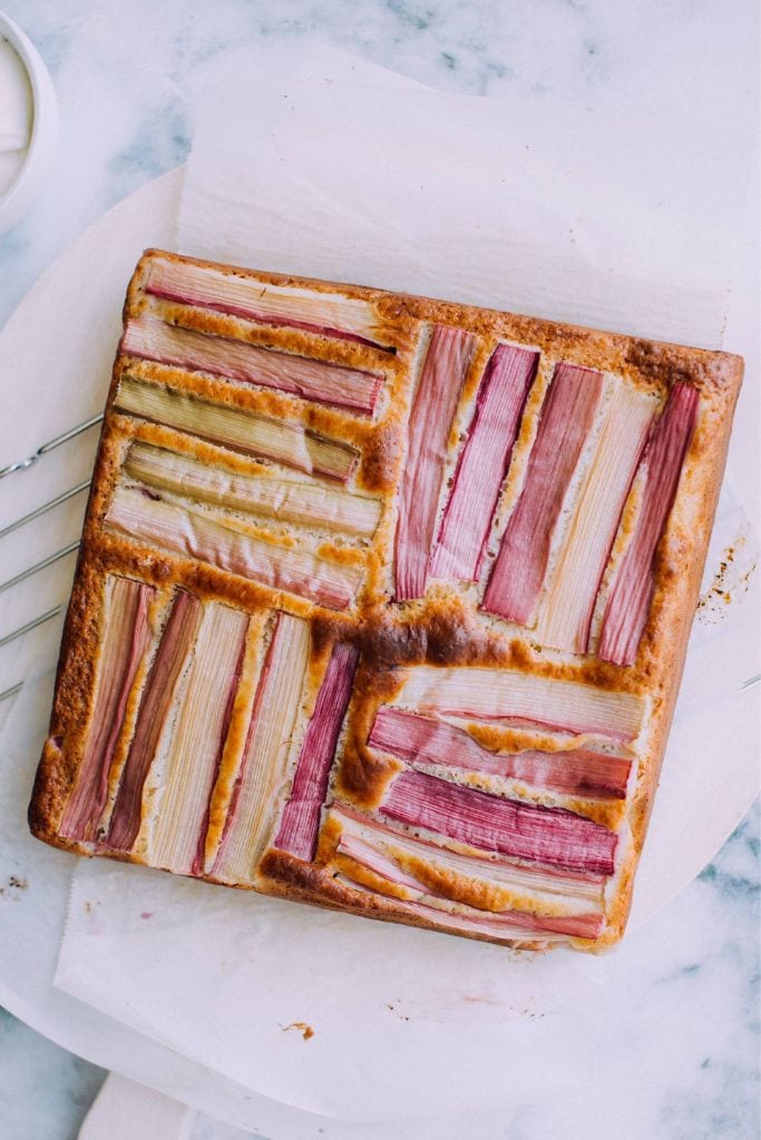 square rhubarb and ginger cake on bench.