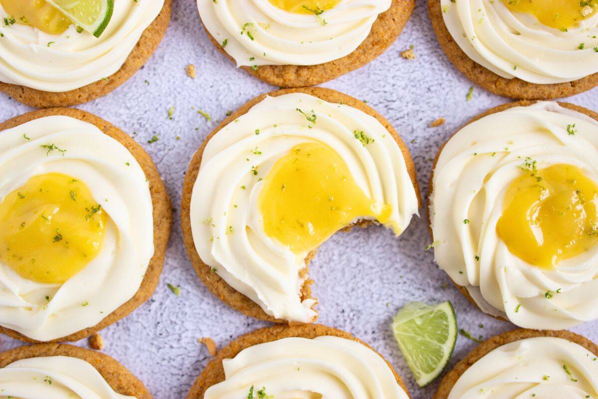 top view of homemade key lime cookies with lime curd filling.