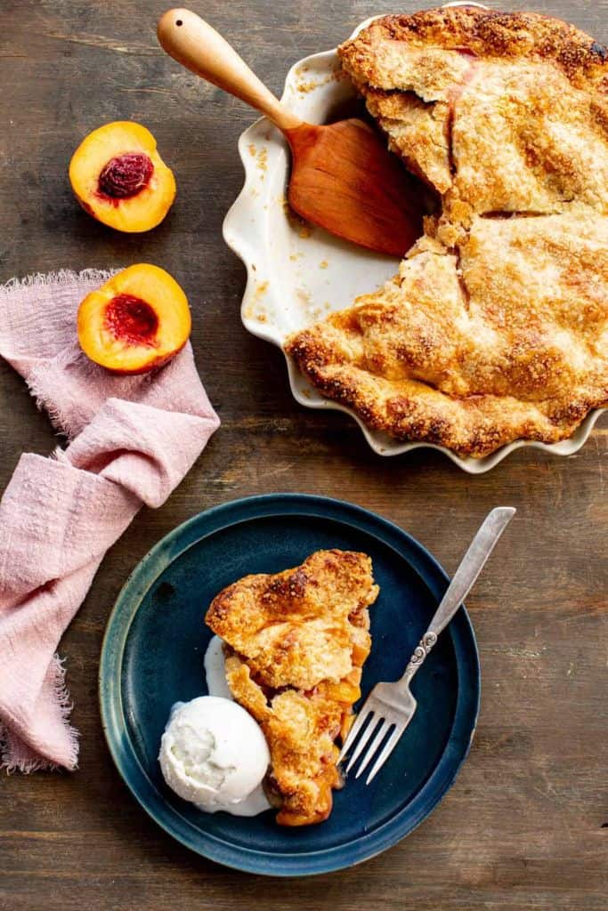 peach pie with crust top.