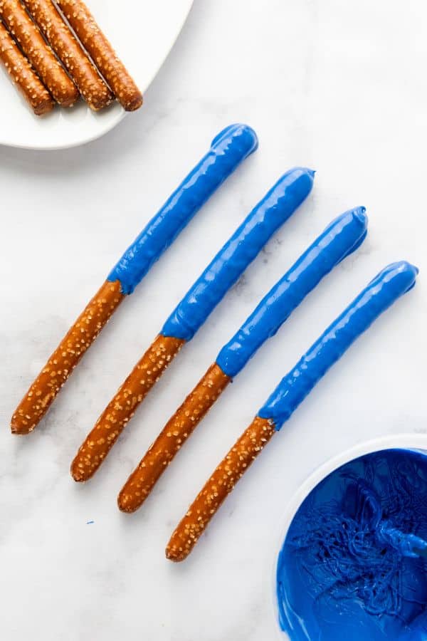 blue chocolate dipped pretzels.