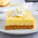 slice of key lime dessert bar on plate.