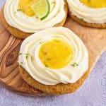 homemade key lime pie cookies on wooden board.