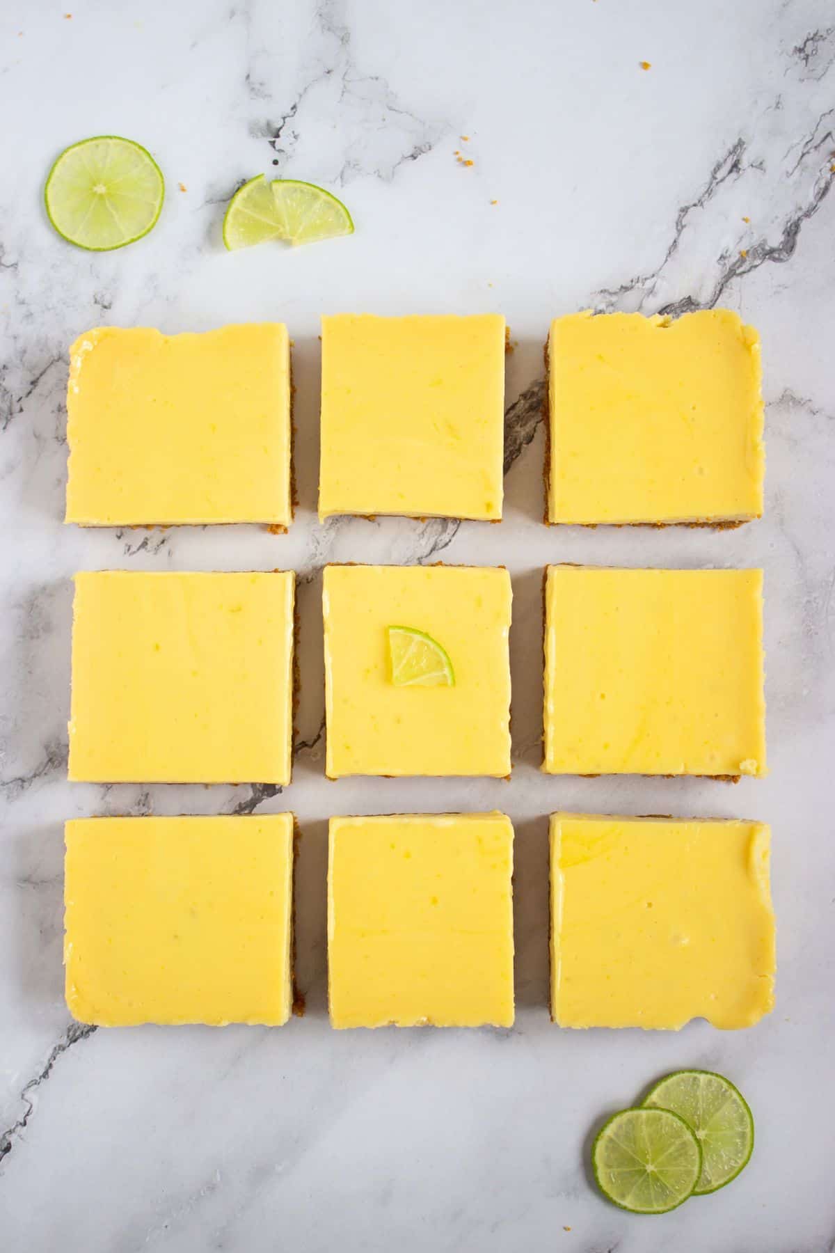 key lime squares sliced.