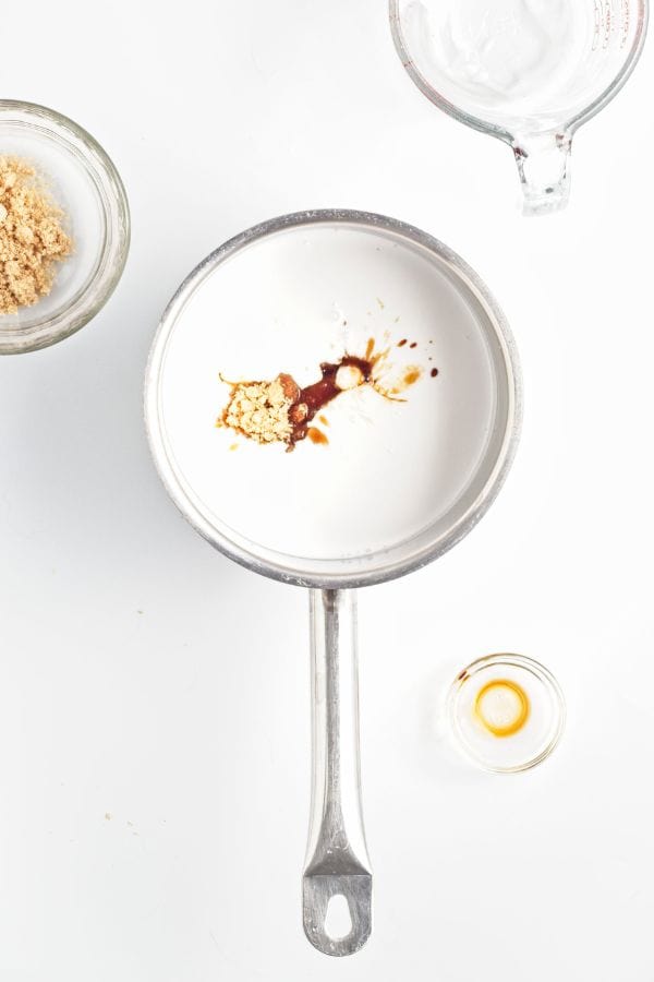 coconut milk popsicle ingredients in saucepan.