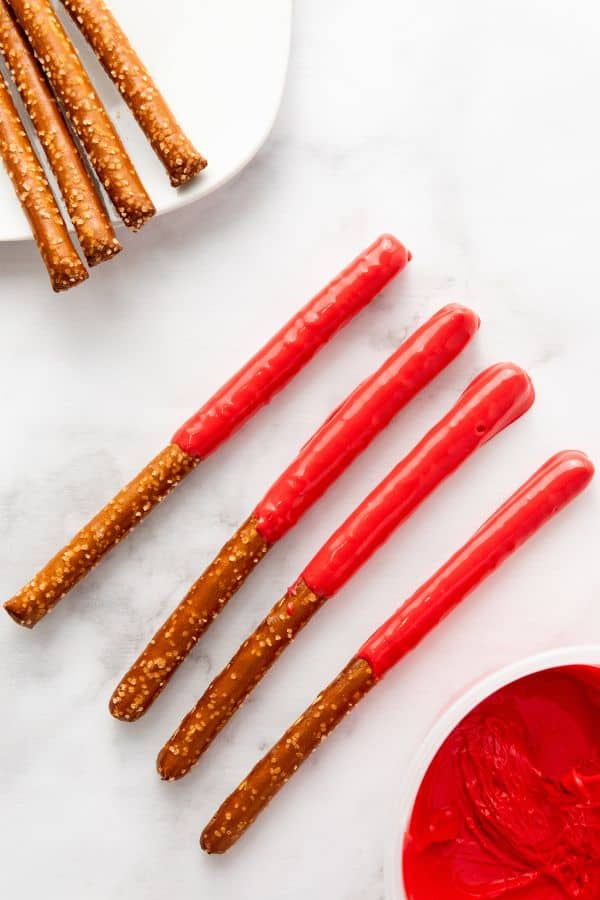 red chocolate dipped pretzels.