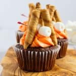 chocolate campfire cupcakes decorated with wafers and mini marshmallows.