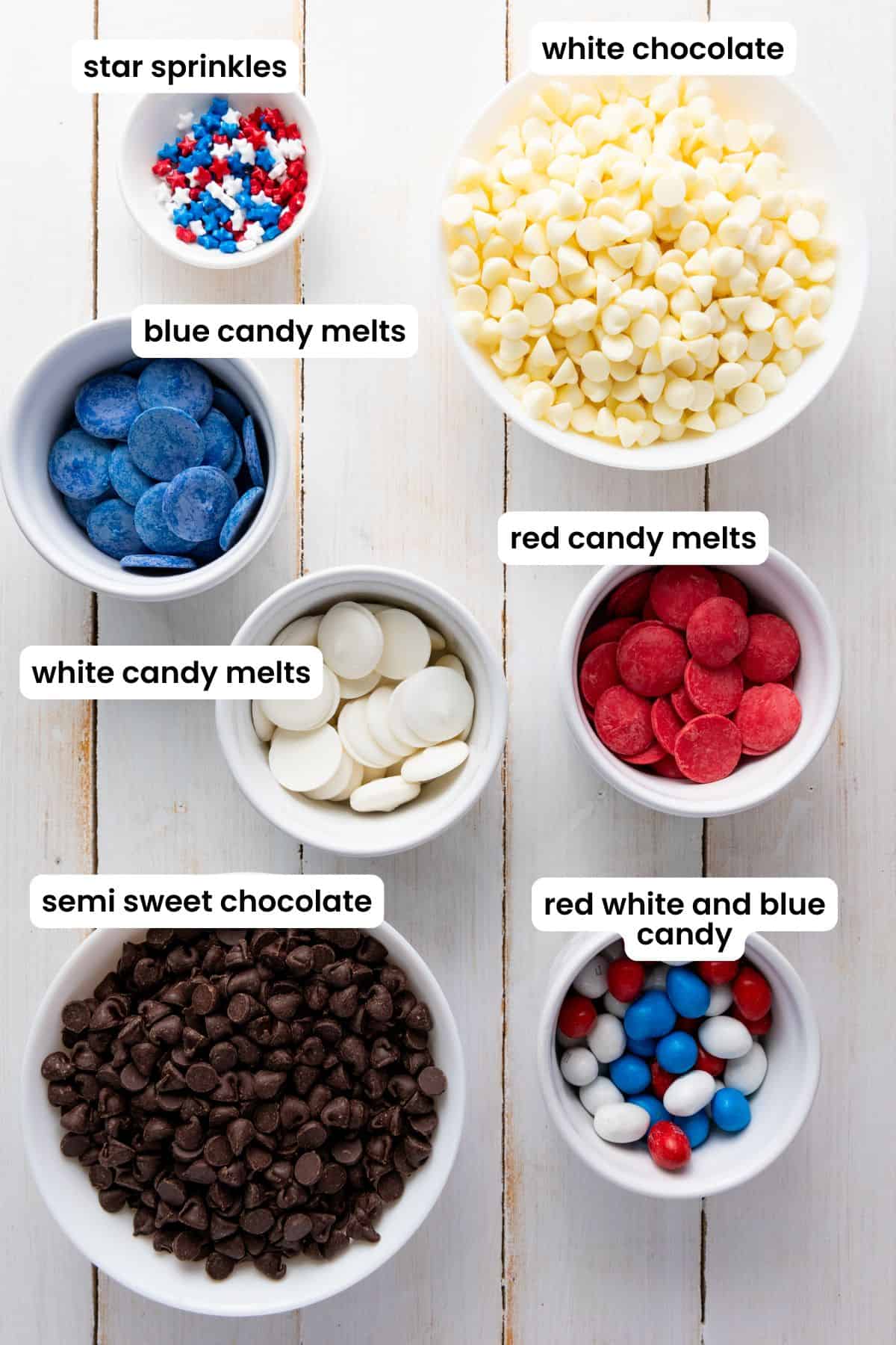 patriotic chocolate bark ingredients labelled.