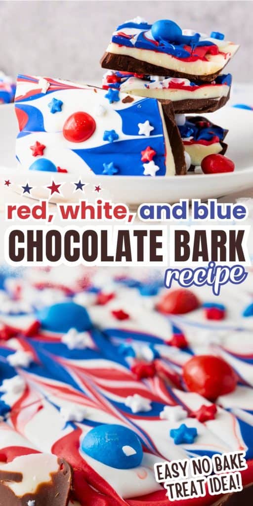collage of red white and blue chocolate bark.